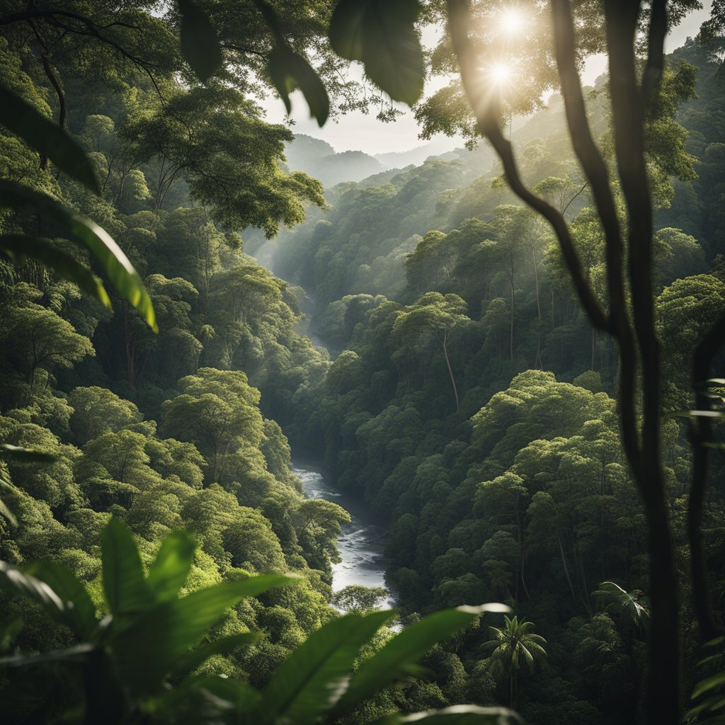 Uma densa selva com árvores imponentes e rios sinuosos, onde a luz do sol filtra através do denso dossel, proporcionando desafios de navegação sem tecnologia moderna.