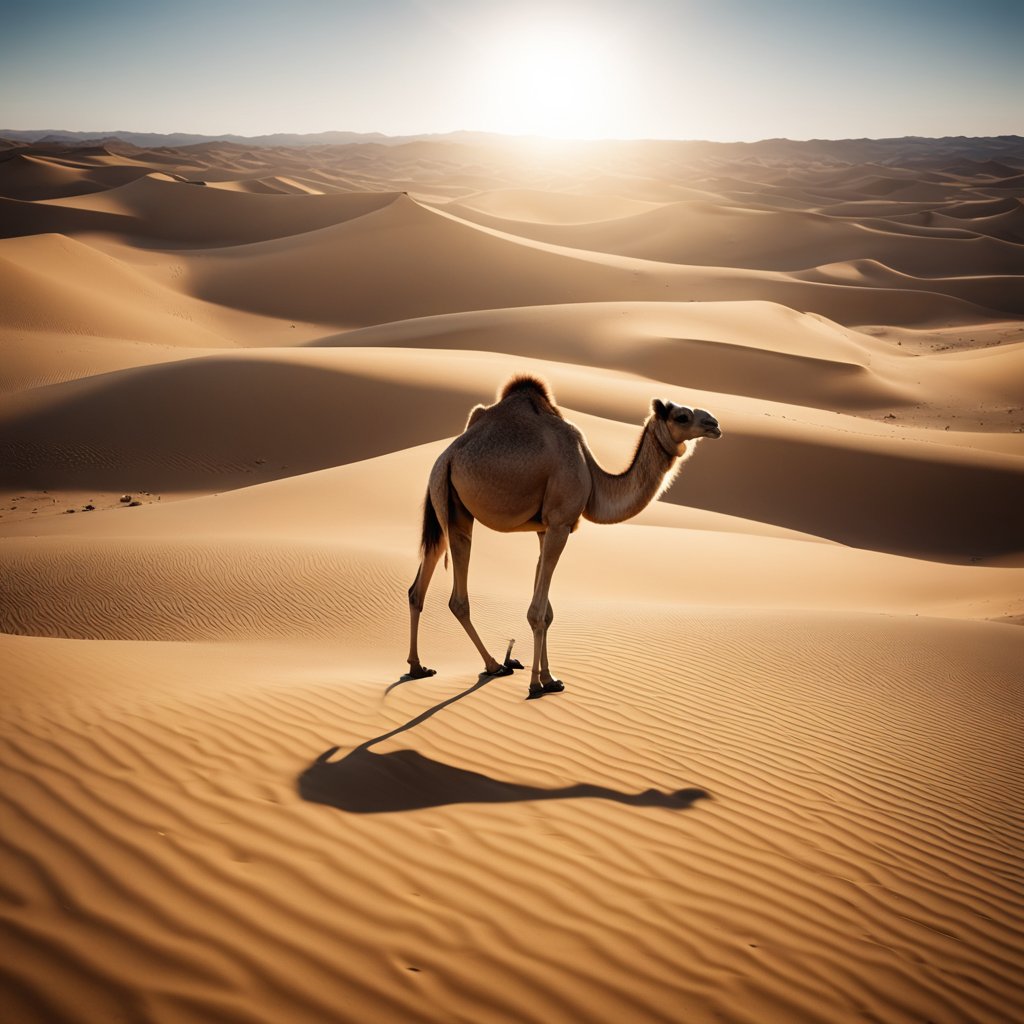 Um camelo solitário busca água no vasto e implacável deserto do Saara, onde o sol escaldante incide sobre dunas sem fim.