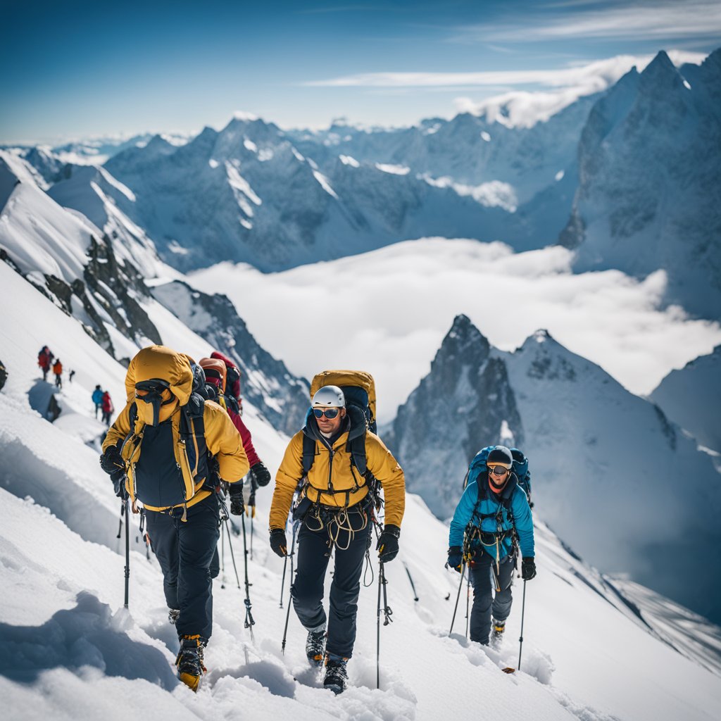 Um grupo de escaladores navegando por picos andinos íngremes e cobertos de neve, equipados com cordas, picaretas e equipamentos de proteção.
