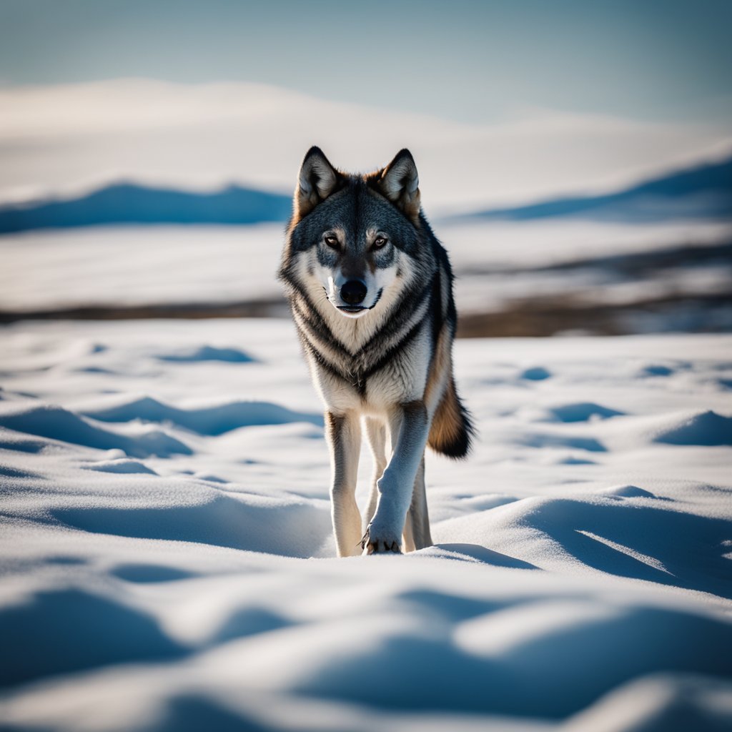 Um lobo solitário atravessando uma tundra nevada, com montanhas geladas ao longe e uma paisagem fria e desolada se estendendo até o horizonte.