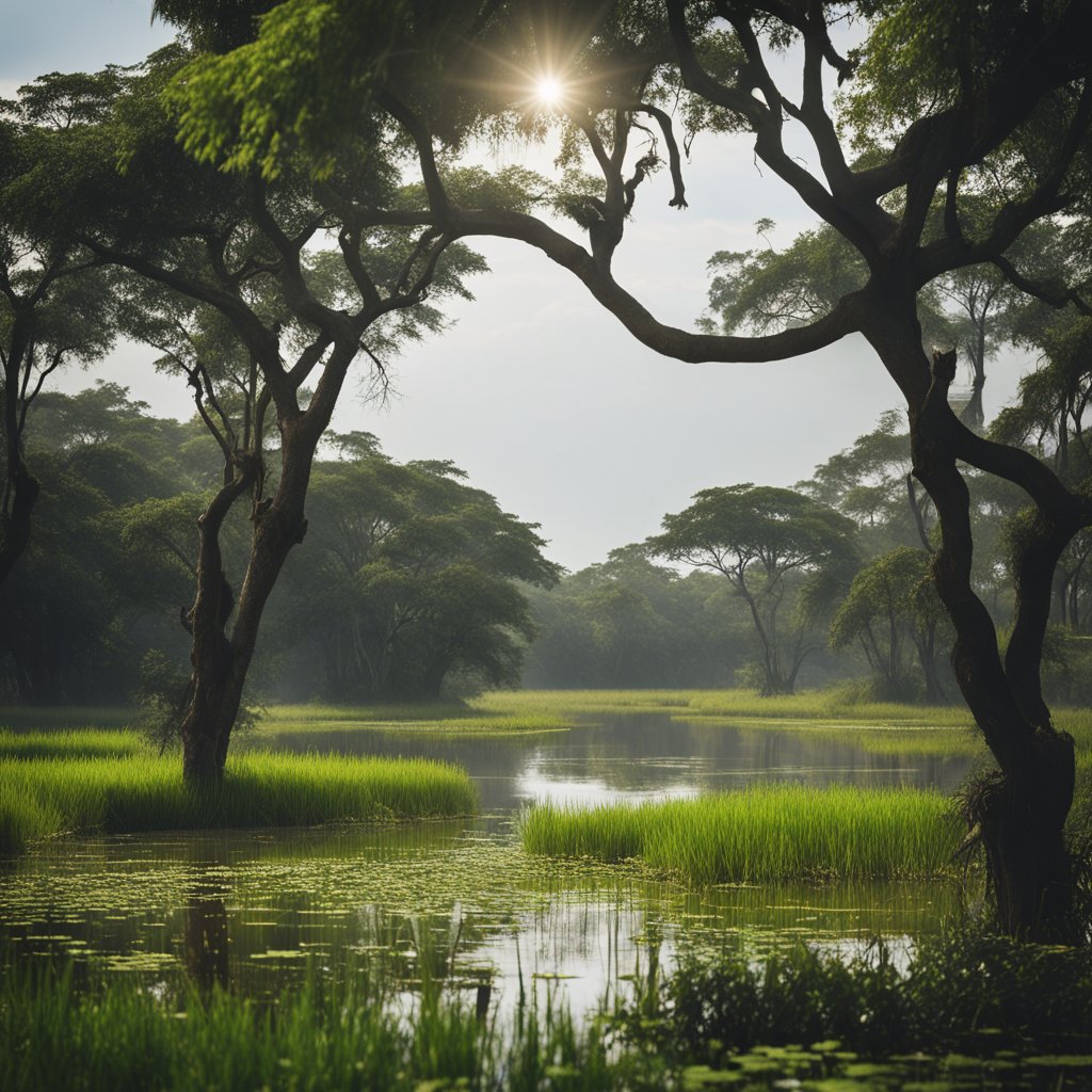 Uma paisagem de pântano exuberante com árvores altas, pântanos alagados e uma fauna diversificada, incluindo jacarés, capivaras e aves coloridas