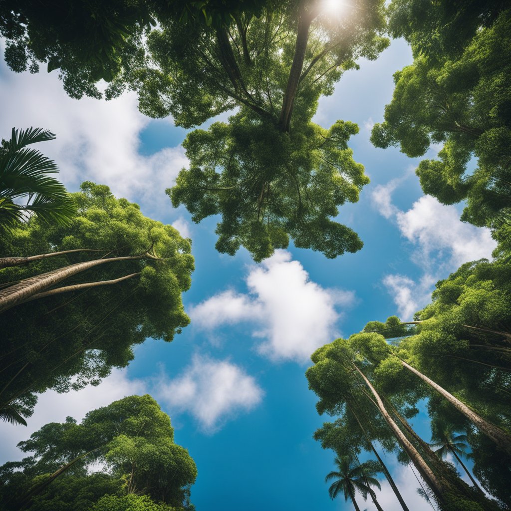 Uma exuberante floresta tropical de Bornéu repleta de flora e fauna diversificadas, desde árvores imponentes até aves coloridas e fauna exótica.