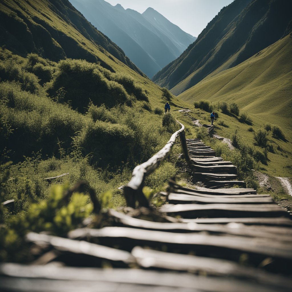 Um viajante solitário navegando por caminhos acidentados das montanhas do Cáucaso sem assistência externa.