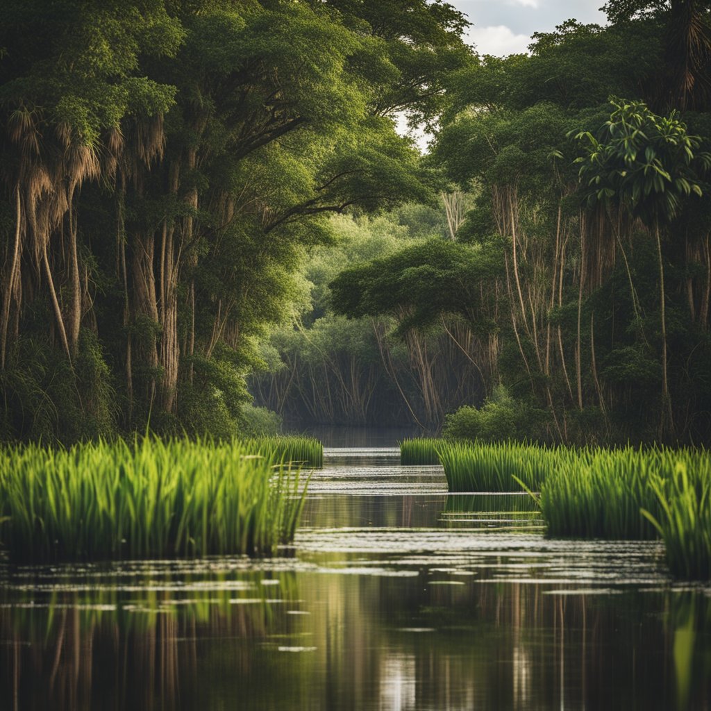 Uma exuberante área alagada com vegetação e vida selvagem diversas, exibindo os ecossistemas únicos do Pantanal e dos Everglades.