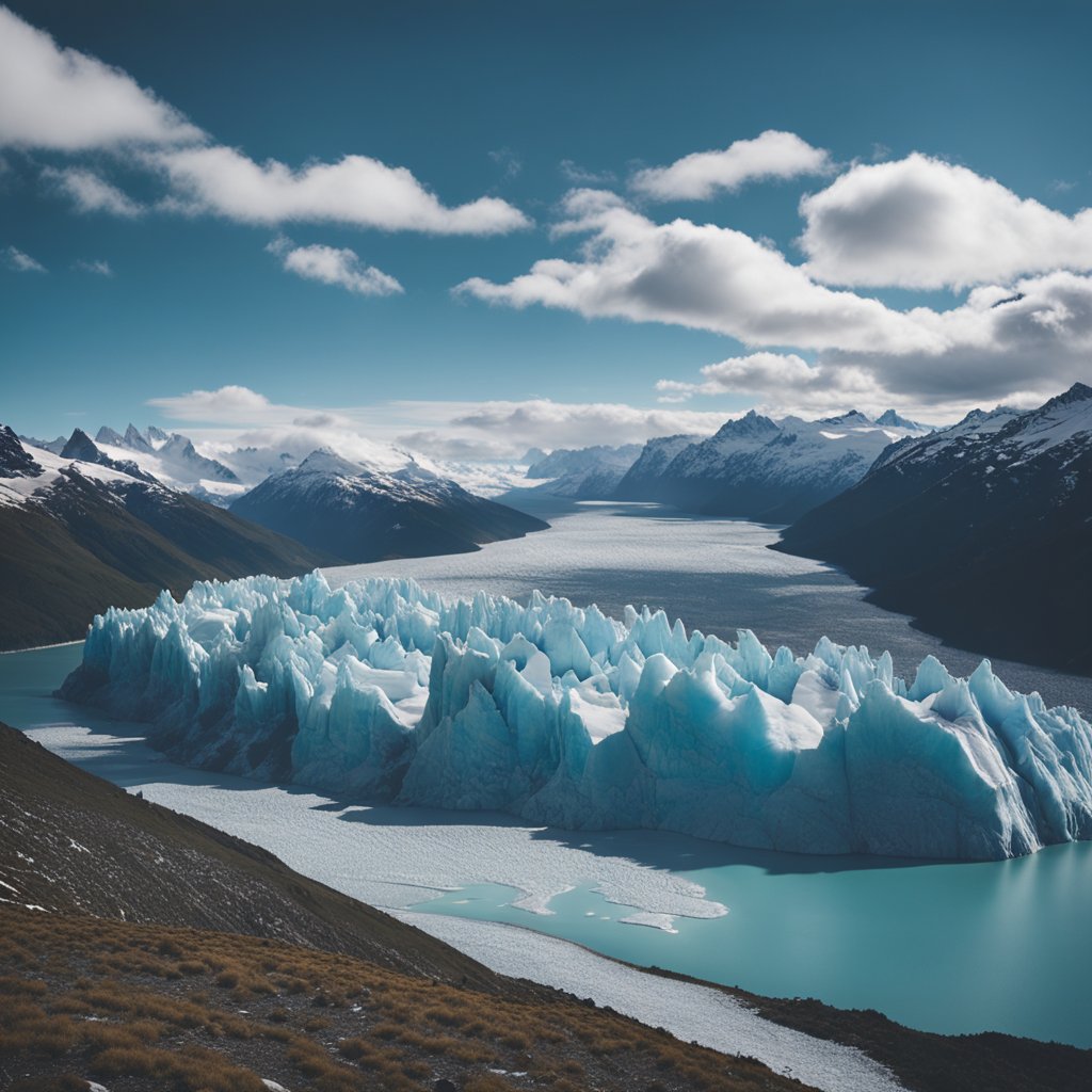 Nuvens glaciares pairam baixas sobre a paisagem gelada da Patagônia, criando uma atmosfera congelada e de outro mundo.