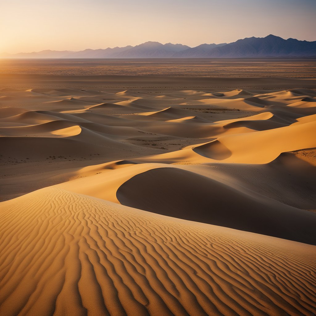 As dunas de areia cantantes do Deserto de Gobi ondulam sob um pôr do sol dourado, com vegetação esparsa e montanhas distantes.