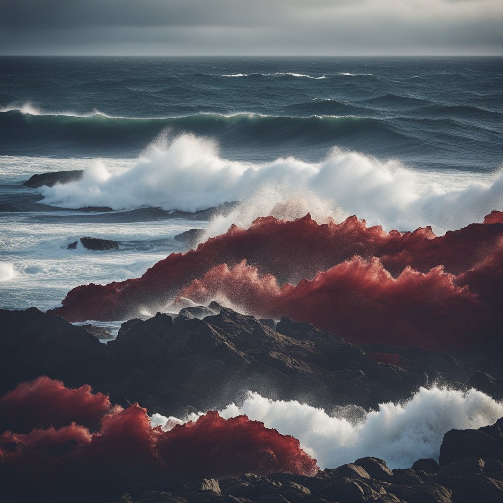 Uma maré vermelha no Chile: oceano turbulento com ondas carmesim batendo contra a costa rochosa sob céus tempestuosos