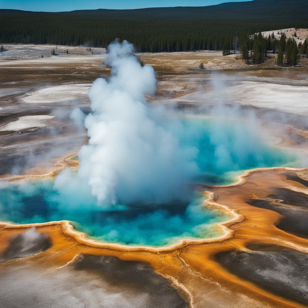 Um conjunto de gêiseres em erupção no Parque Yellowstone, cercado por depósitos minerais coloridos e vapor, criando uma paisagem surreal e de outro mundo.