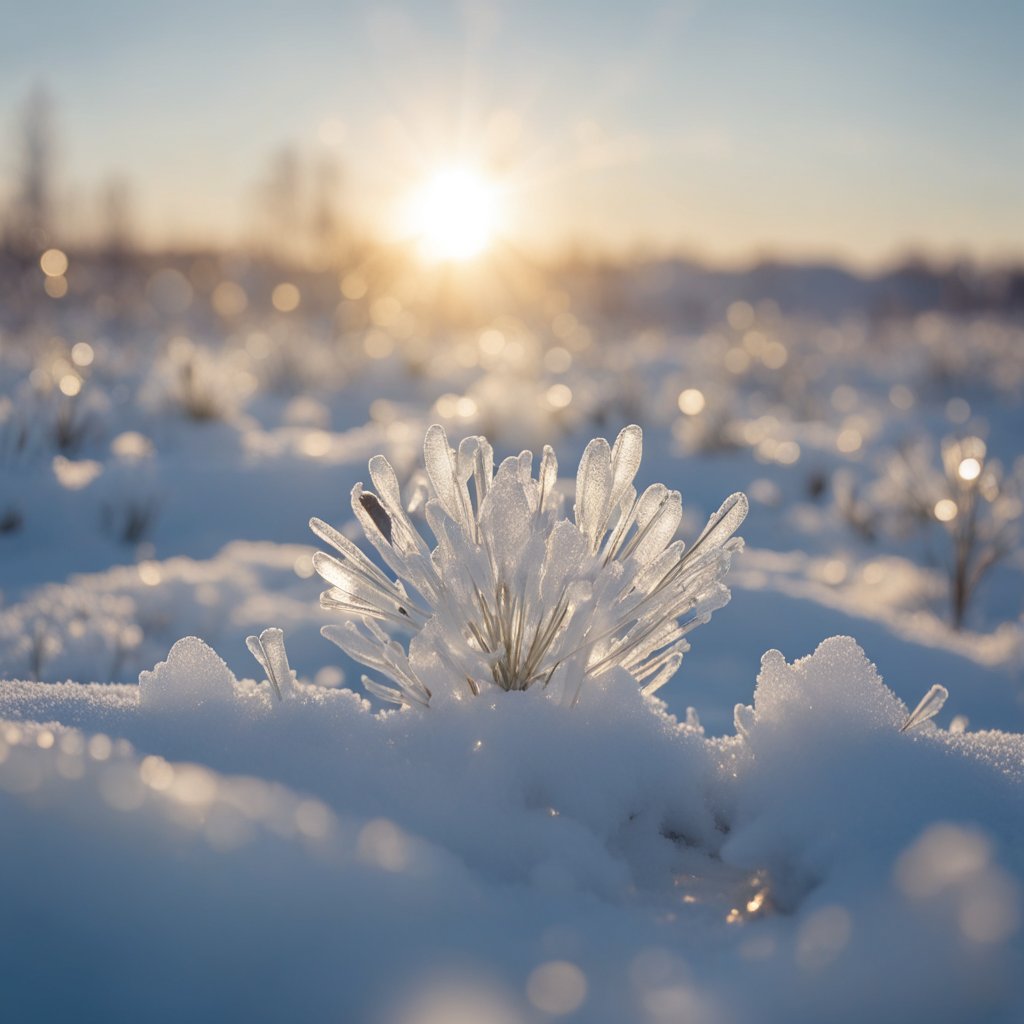 Uma exibição hipnotizante de delicadas flores de gelo florescendo na superfície congelada do Ártico Russo, brilhando na suave luz do sol de inverno