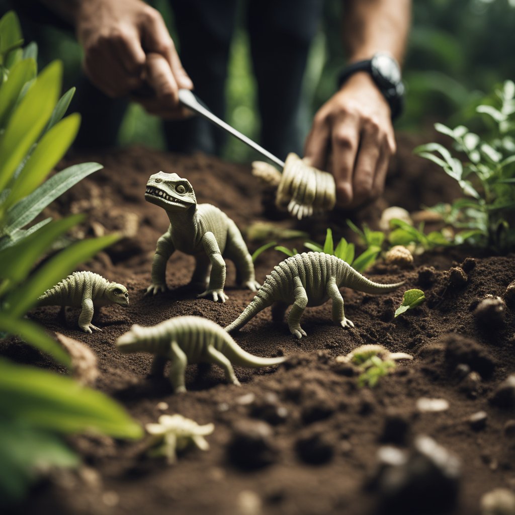 Um grupo de paleontólogos cuidadosamente remove a terra para revelar restos fossilizados antigos em uma paisagem tropical e exuberante do Brasil.