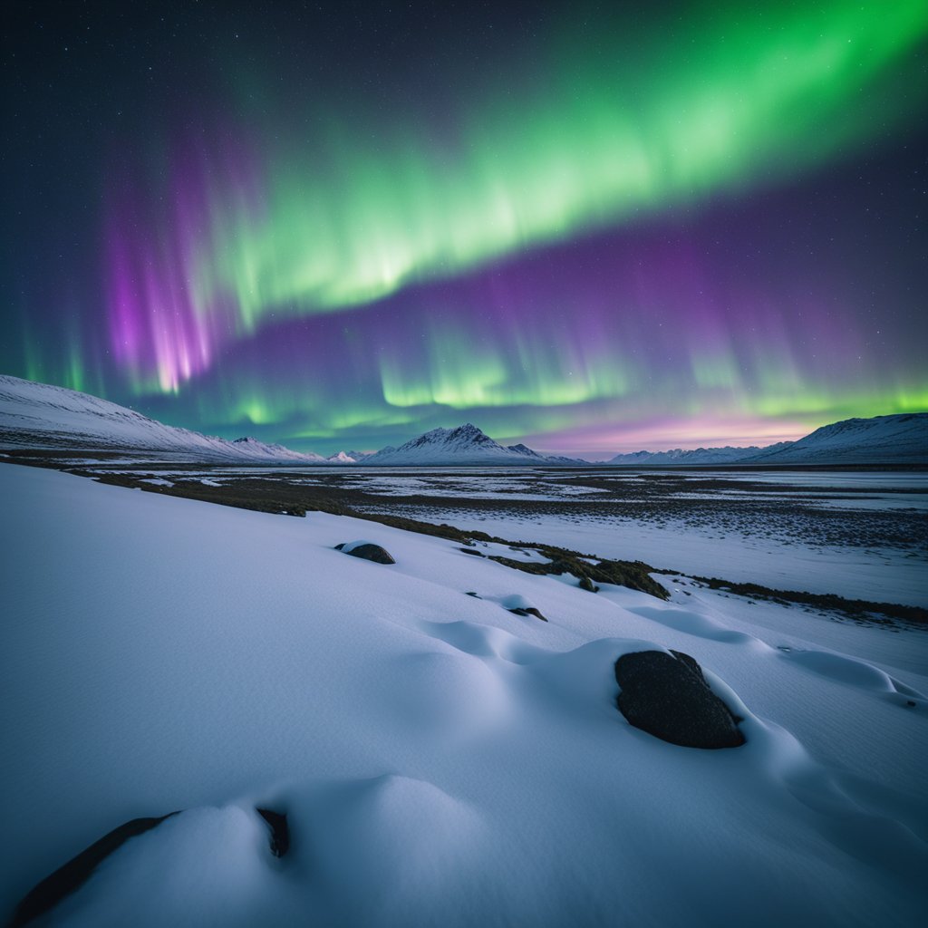 Auroras vibrantes em verde e roxo dançam pelo céu noturno sobre uma paisagem nevada da Islândia, com montanhas ao longe.