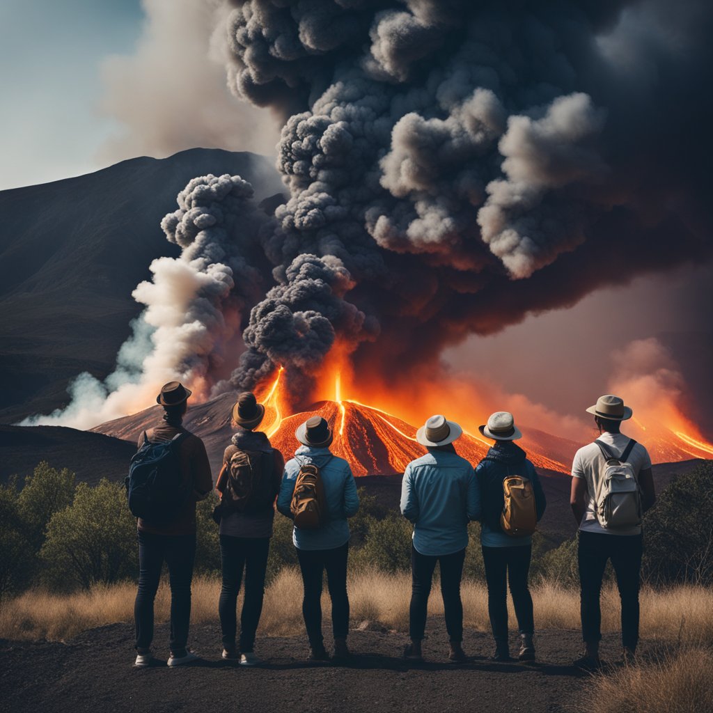 Um grupo de espectadores observa uma erupção vulcânica de uma distância segura, com nuvens de fumaça e lava descendo pela encosta da montanha.