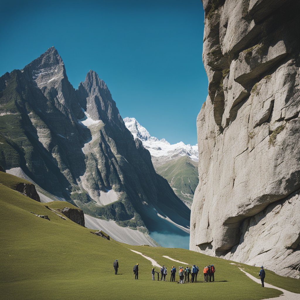 Um grupo de geólogos examinando formações rochosas nos Alpes Suíços, com montanhas imponentes e um céu azul claro ao fundo.