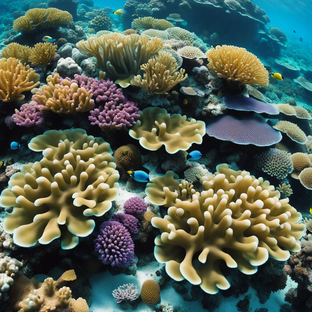 Uma variedade diversificada de formações de corais coloridos repletas de vida marinha vibrante, cercadas pelas águas cristalinas e turquesa da Grande Barreira de Coral.